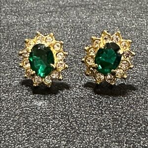 Roman Emerald Green & Clear Glass Rhinestone Signed Vintage Earrings